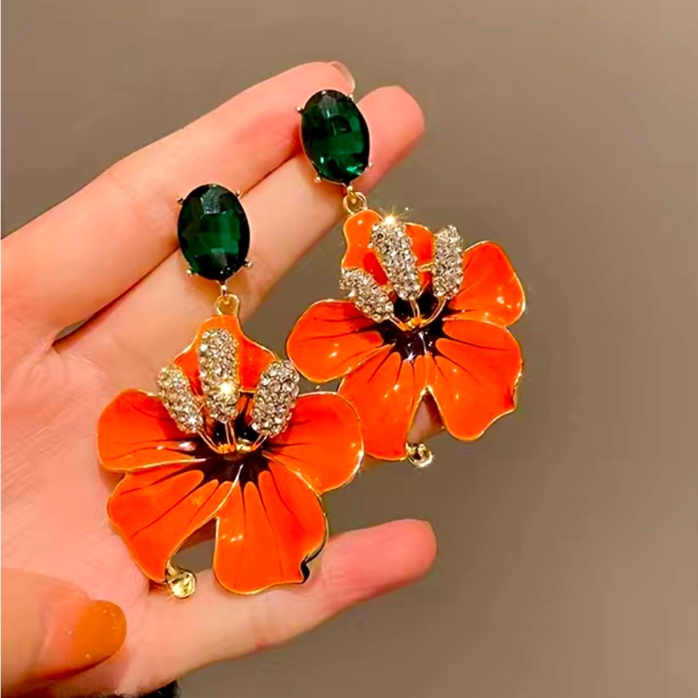 Hibiscus Orange Earrings Enameled Floral Rhinestone Gold Tone